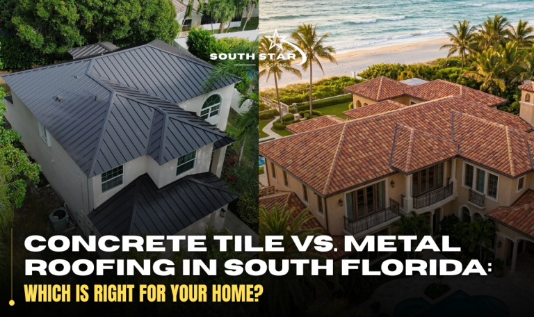 Side-by-side aerial comparison of standing seam metal roofing and concrete barrel tile roofing on South Florida homes by South Star Roofing