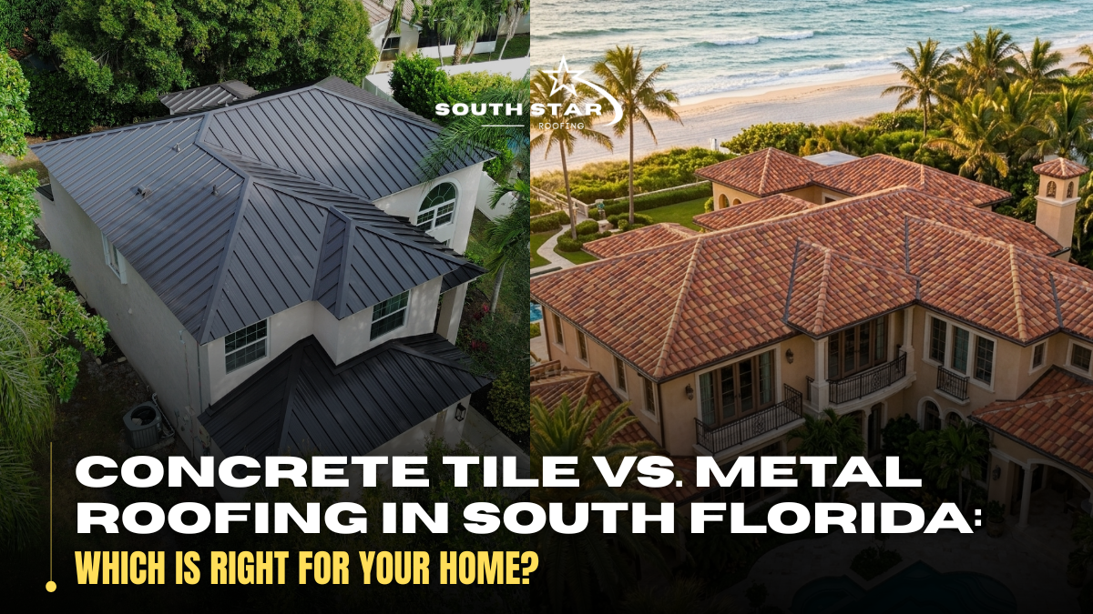 Side-by-side aerial comparison of standing seam metal roofing and concrete barrel tile roofing on South Florida homes by South Star Roofing